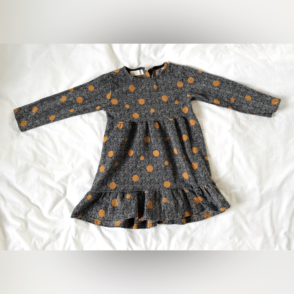 ZARA Toddler Girls Herringbone Polka Dot Long Sleeve Dress | Size 3-4